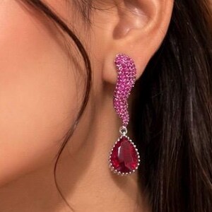 Invisible Setting Earrings Luxury Ruby Diamond Trardrop Earrings Hot Pink CZ Earrings Wedding Gift