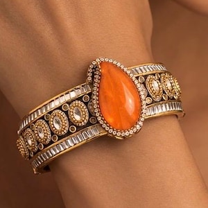 Gold finish Orange Amber Kundan Statement Bracelet, Indian Bridal Cuff Bracelet,Women BangleSabyascahi Jewelry