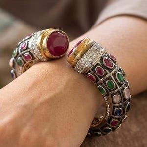 Mugal Style Ruby Wide Bangle,Multicolor Kundan Polki Bracelet,CZ Red Handcuff for Women,Indian AD Kada Bracelet