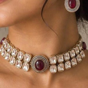 Uncut Polki Kundan with Ruby Red Doublet Choker Necklace Set,Bridal Jewelry Set,Wedding Jewelry