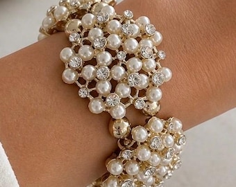 Vintage Faux Pearl And CZ Chà Cha Bracelet, Gold Tone Stretchable Wide Women Bangle Handcuff
