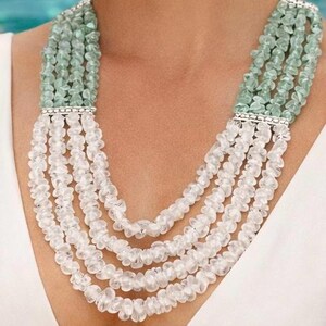 Raw Crystal Quartz  Necklace with Teardrop Earrings Set: Multi-String Beaded CZ Jewelry