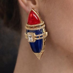 Art deco Gold Plated Ruby Blue Topaz Boat Shaped Earrings With American Diamonds Royal Jewelry