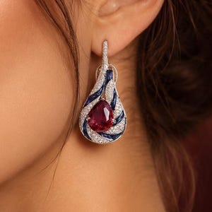 Ruby Red Drop Earrings,Dangler Blue Enamel Earrings, Diamond Teardrop Earrings,Bridal Jewelry,Wedding Earrings for Her