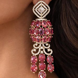 Art Deco Ruby Diamond Chandelier Earrings:Gold-Silver Boho Women Dangler,Wedding Jewelry