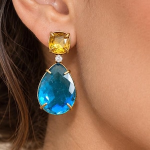 Vibrant Aquamarine and Citrine Stud Earrings,Aqua Blue-Yellow dangle Earrings,Topaz Earrings,TearDrop,Artdeco Earrings