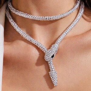 Silver Snake Choker Necklace,Vintage Statement Serpent Necklace, Bold Chunky Collar Jewelry, Crystal Snake Pendant Choker