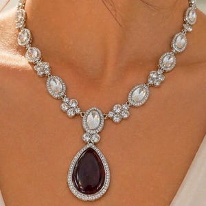 American Diamonds with Ruby Doublet  V Necklace Set: Indian Wedding Jewelry,Bridal Diamond Teardrop Jewelry