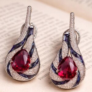 Ruby Drop Earrings, Pink Enamel Earrings, Diamond Teardrop Earrings, Bridal Jewelry, Wedding Earrings, Gift for Her