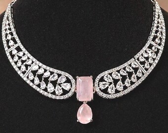 Pink Silver American Diamond Necklace,Diamond CZ Stone Choker,Bridal jewelry,Indian Jewelry for women