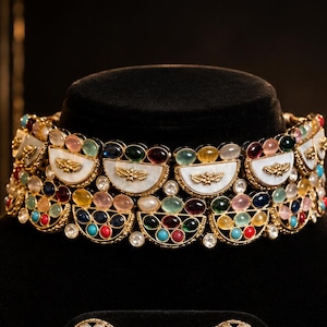 Sabyasachi inspired Ruby with Multicolored stone Choker Necklace Set,Indian Navratan jewelry,Pakistani Jewelry