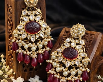 Kundan Moissanite Chandbali, Indian Antique Earrings Statement Red Jade Diamond Earrings Bollywood Jewelry