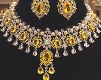 luxury Yellow Citrine CZ diamond Wedding Necklace set,Bridal Jewelry Statement Canary Stone Teardrop Wedding Set