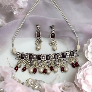 Ruby Red Choker Set: American Diamond & Pearl Indian Bridal Jewelry