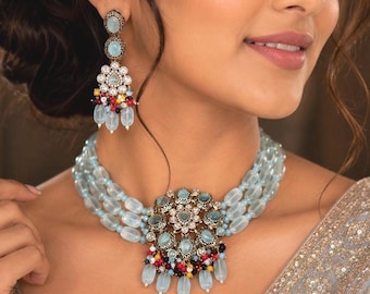 Aqua blue Victorian Choker Necklace set/AD Kundan Necklace/Indian Jewelry for Women/Pakistani Multicolor jewelry/