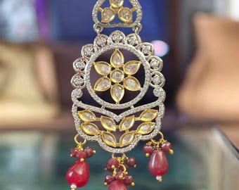 CZ Earrings Kundan Red Beads Earrings, Indian Wedding Statement Earrings, Bridal Dangle Jewelry