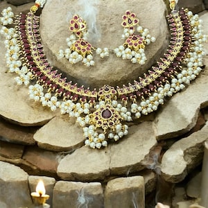 Guttapusalu Kemp stone Necklace,Gold finish Choker,Jalebi Haram necklace,South Indian jewelry,Temple jewelry,Wedding jewelry,Pearl Red neckl