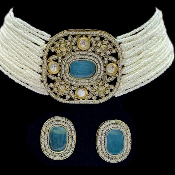 Victorian Pearl Choker set,Indian Bridal jewelry,Ad necklace with Kundan,Stud earrings,Statement wedding jewelry,CZ Punjabi jewelry