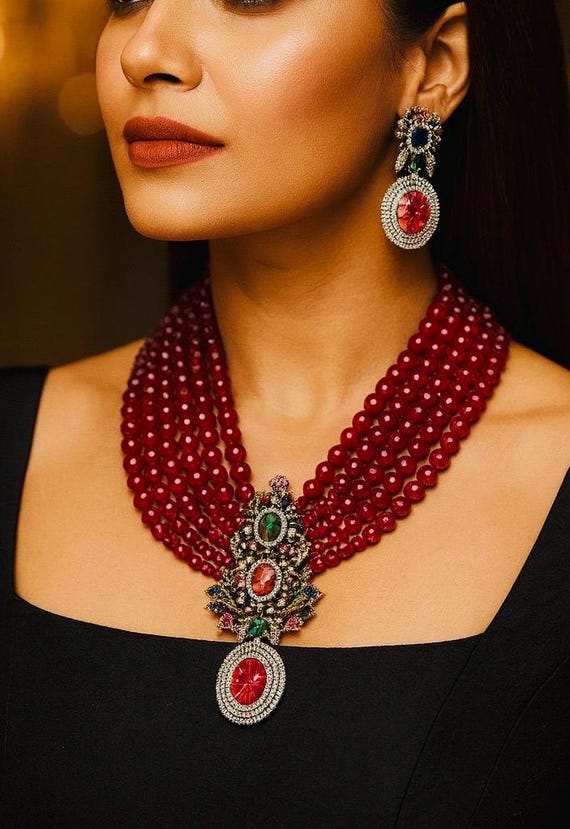 Sabyasachi inspired Multicolor Necklace Set,Emerald Green and Ruby Red  Indian Designer Jewelry