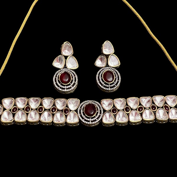 Red Ruby Tyanni uncut kundan moissanite necklace set,Indian AD Necklace,Wedding jewelry,Sari necklace,Pakistani jewelry,Statement jewelry