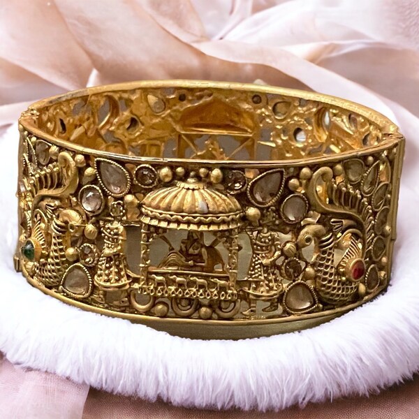 Traditional Openable Bangles - Bollywood Style Gold Finish Kada, Bridal and Indian Ethnic Bracelet, Rajwadi and Temple Jewelry