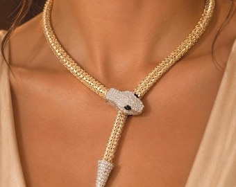 Gold Rhinestone Biting Tail Snake Necklace,Vintage Serpent Necklace,Bold Chunky Collar Jewelry,