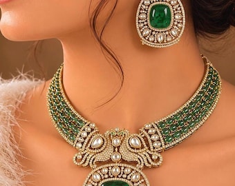 Raveena Tandon Bollywood-Inspired Moissanite Kundan Necklace Set:Indian Bridal Jewelry,Sabyasachi Style