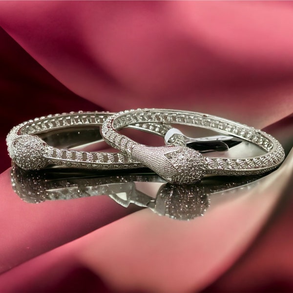 Serpent Bangle Bracelet - American Diamond Silver Bangle with Cubic Zirconia, Bridal and Rajwadi Ethnic Bracelet, Indian Jewelry