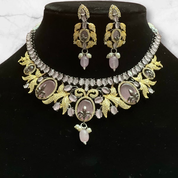 Pink Choker American Diamond Pearl Necklace,Indian Bridal set,Wedding Jewelry Set,Punjabi Necklace,Pakistani Statement set,Nano setting set