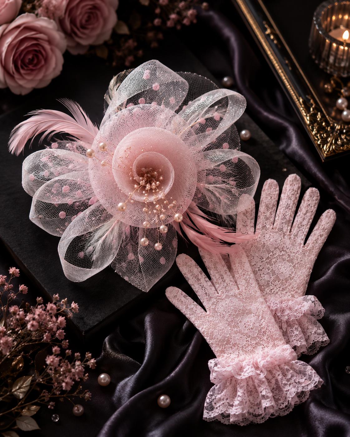 Pink Fascinator Hat and Lace Gloves set,Vintage Style Veil Hat with…