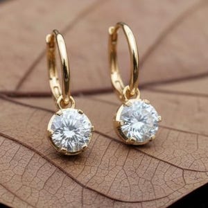 Moissanite Drop Earrings, 14K Gold Round Cut Dangle Earrings, Sparkly Bridal Earrings, Lightweight Wedding Jewelry, Classic Gold Hoops