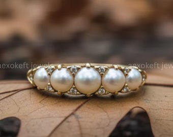 Gold Cabochon Pearl Ring – Vintage Inspired Scroll Design – Handmade Engagement Ring – Elegant Wedding Jewelry