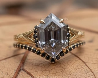 2 Carat Grey Dark Moissanite Dutch Marquise Engagement Ring, Vintage Black Diamond Ring,Solid Gold Anniversary Gift, Art Deco Wedding Ring