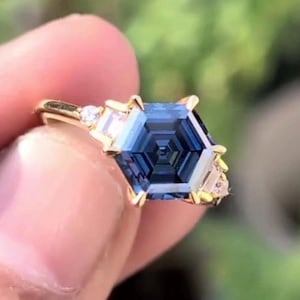 Royal Blue Moissanite Engagement Ring | Hexagon Moissanite Anniversary Ring | Solid Gold Vintage Wedding Ring | Unique Gift for Wife