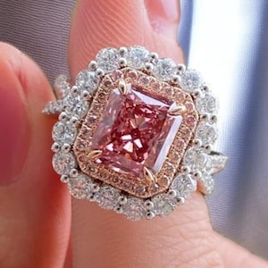Barbie Pink CZ Lab Diamond Ring | Double Halo Radiant Cut Engagement Ring | 14K Two-Tone Gold Statement Ring Glamorous Proposal or Gift Ring