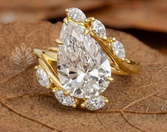 Floral Pear Cut Lab Drown Diamond Engagement Ring - 14K Gold Vintage-Inspired Nature Teardrop Wedding Jewelry | Unique Anniversary Gift
