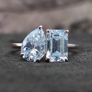 Toi et Moi Moissanite Ring | Pear and Emerald Cut Engagement Ring | Two Stone Bypass Ring | Unique Promise Ring | Aexokeft Jewels