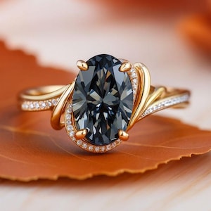 3 Carat Oval Grey Moissanite Engagement Ring | Antique Black Lab Diamond Wedding Ring | Micro Pave Gold Band | Vintage Anniversary Gift