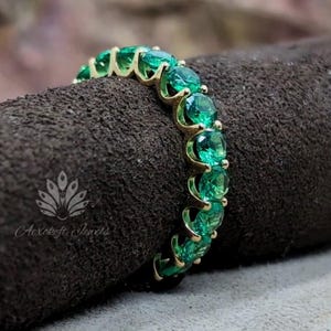 Unique Green Round Lab Diamond Full Eternity Band | 14K Gold Lab Diamond Ring | Emerald CZ Wedding Band | Vintage Stacking Band
