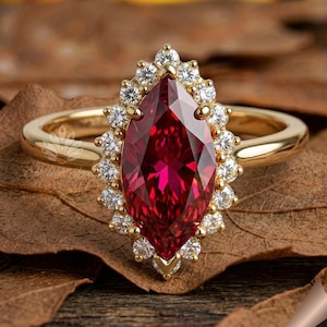 3 Carat Marquise Ruby Engagement Ring | Vintage Style Wedding Ring | Unique Solid Gold Anniversary Gift for Her | Lab Created Ruby Ring