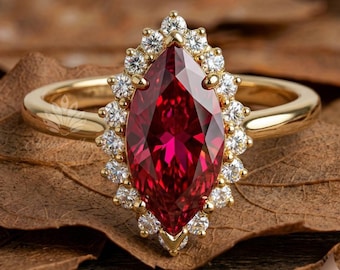 3 Carat Marquise Ruby Engagement Ring | Vintage Style Wedding Ring | Unique Solid Gold Anniversary Gift for Her | Lab Created Ruby Ring