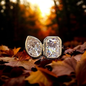 14K Bezel Moissanite Diamond Toi Et Moi Ring Radiant & Pear Cut Diamond Ring You And Me Ring  4 CT Diamond Yellow Gold Two Stone Gift Ring
