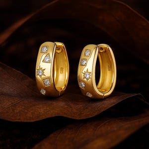 Gold Starburst Hoop Earrings | Celestial Huggie Hoops | Dainty Moissanite Accent Earrings | 18K Gold Vermeil |  gold statement earrings