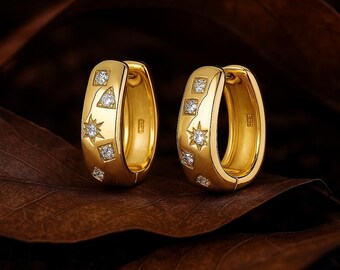 Gold Starburst Hoop Earrings | Celestial Huggie Hoops | Dainty Moissanite Accent Earrings | 18K Gold Vermeil |  gold statement earrings