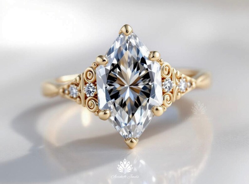 3 Carat Vintage Dutch Marquise Moissanite Ring 14K Yellow Gold 