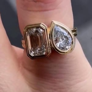 14K Bezel Moissanite Diamond Toi Et Moi Ring Radiant & Pear Cut Diamond Ring You And Me Ring  4 CT Diamond Yellow Gold Two Stone Gift Ring