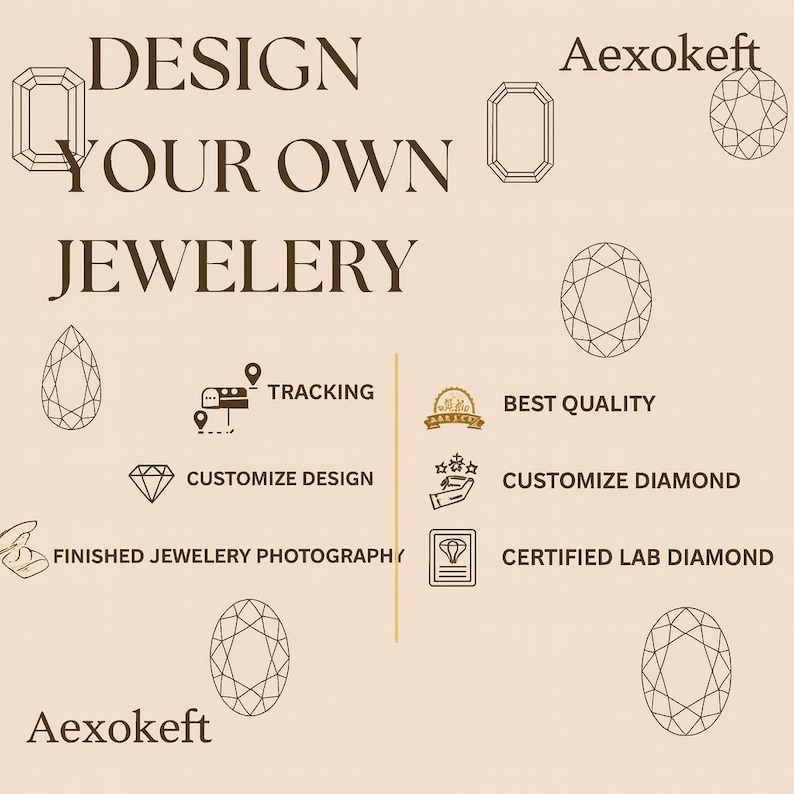 Puede incluir: Gr&aacute;fico beige con el texto "DESIGN YOUR OWN JEWELERY" y la marca "Aexokeft". La imagen incluye iconos y texto como "TRACKING", "BEST QUALITY" y "CERTIFIED LAB DIAMOND".