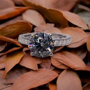 2 carat round grey Moissanite Silver Engagement Ring, Natural Dark Grey Moissanite Round cut 10K White Gold Engagement Ring, Unique Ring