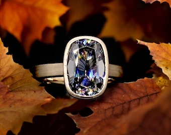4 carat dark grey moissanite cushion engagement ring for women 14K yellow gold Old Mince Cut engagement ring  elongate grey moissanite