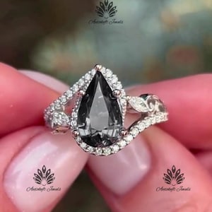 Custom Grey Moissanite Pear Cut Engagement Ring | Unique Vintage-Style Ring | Dainty Halo Diamond Ring | Promise Ring | Moissanite Jewelry